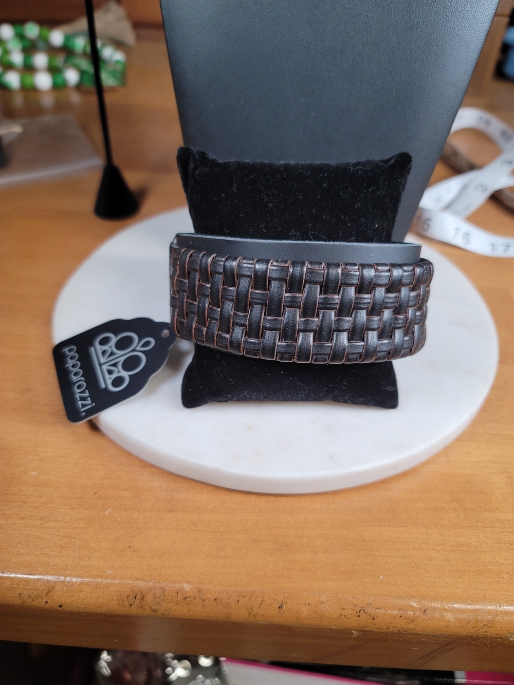 paparazzi Men's Woven Dark Brown Leather Bracelet with Black Band